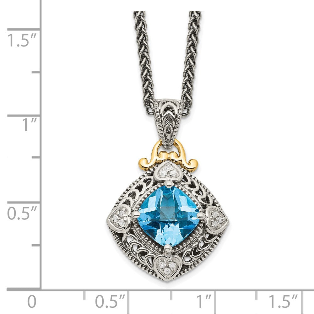 Shey Couture Sterling Silver with 14K Accent 18 Inch Antiqued Diamond and Cushion Blue Topaz Necklace