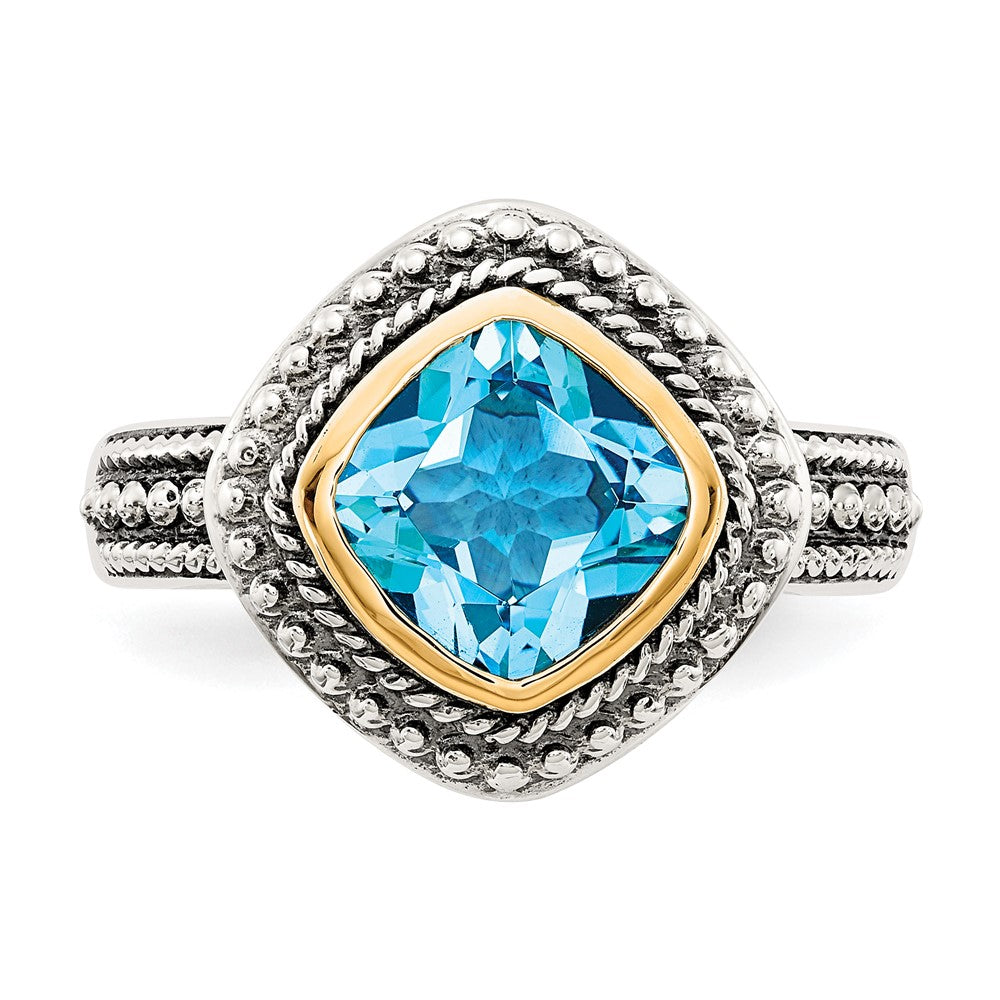 Shey Couture Sterling Silver with 14K Accent Antiqued Cushion Bezel Blue Topaz Ring