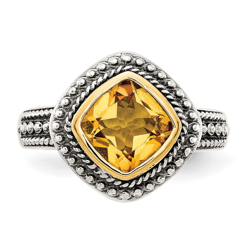 Shey Couture Sterling Silver with 14K Accent Antiqued Cushion Bezel Citrine Ring