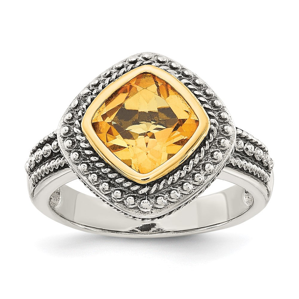 Shey Couture Sterling Silver with 14K Accent Antiqued Cushion Bezel Citrine Ring