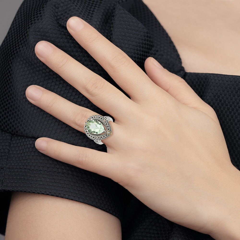 Shey Couture Sterling Silver with 14K Accent Antiqued Diamond and Pear Shaped Green Quartz Ring