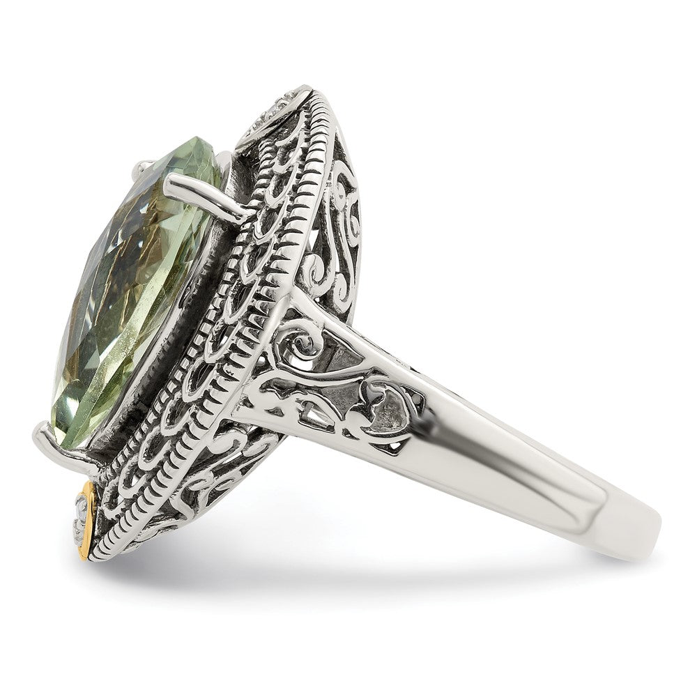 Shey Couture Sterling Silver with 14K Accent Antiqued Diamond and Pear Shaped Green Quartz Ring