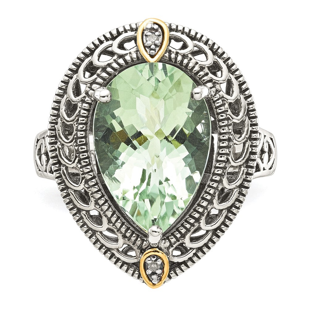 Shey Couture Sterling Silver with 14K Accent Antiqued Diamond and Pear Shaped Green Quartz Ring