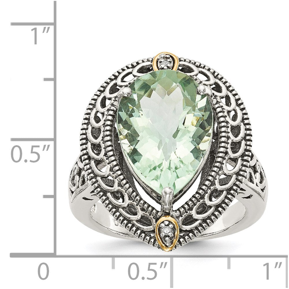 Shey Couture Sterling Silver with 14K Accent Antiqued Diamond and Pear Shaped Green Quartz Ring