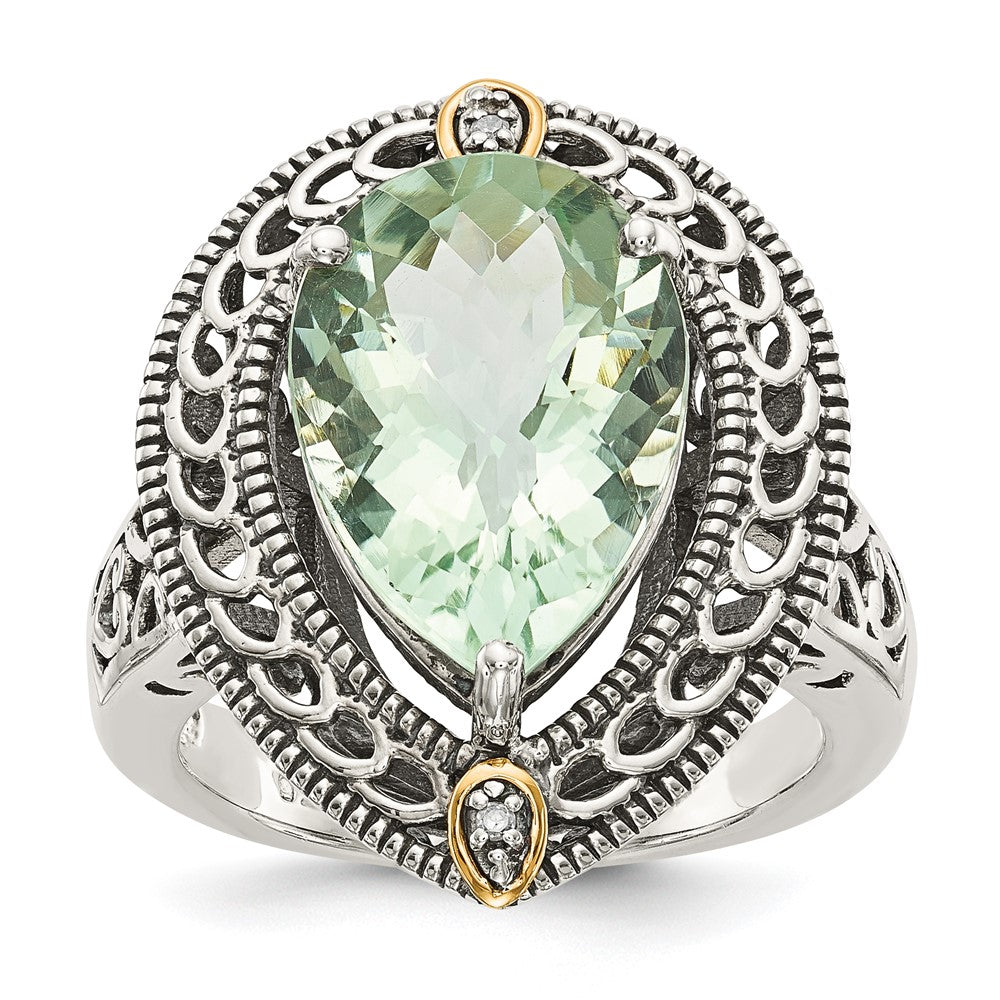 Shey Couture Sterling Silver with 14K Accent Antiqued Diamond and Pear Shaped Green Quartz Ring