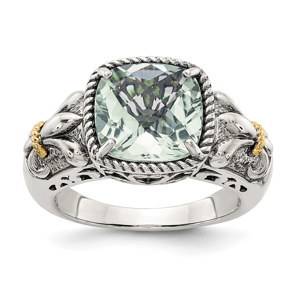 Shey Couture Sterling Silver with 14K Accent Antiqued Cushion Green Quartz Ring