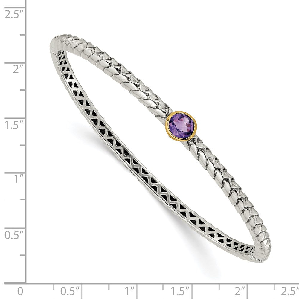 Shey Couture Sterling Silver Antiqued with 14K Accent Round Bezel Amethyst Hinged Bangle Bracelet