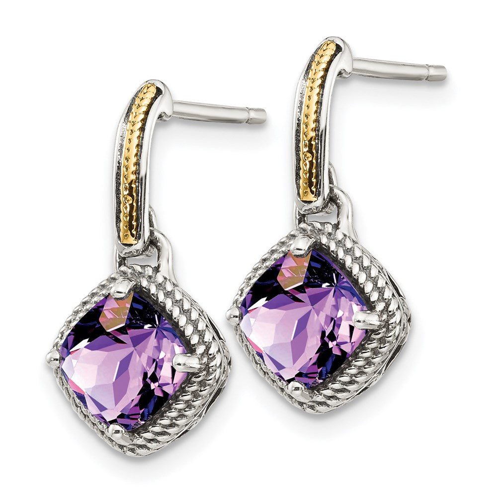 Shey Couture Sterling Silver with 14K Accent Antiqued Cushion Amethyst Post Dangle Earrings