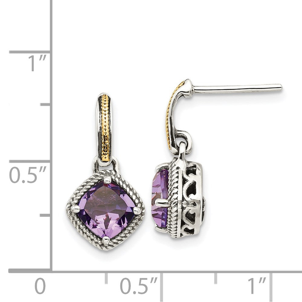 Shey Couture Sterling Silver with 14K Accent Antiqued Cushion Amethyst Post Dangle Earrings