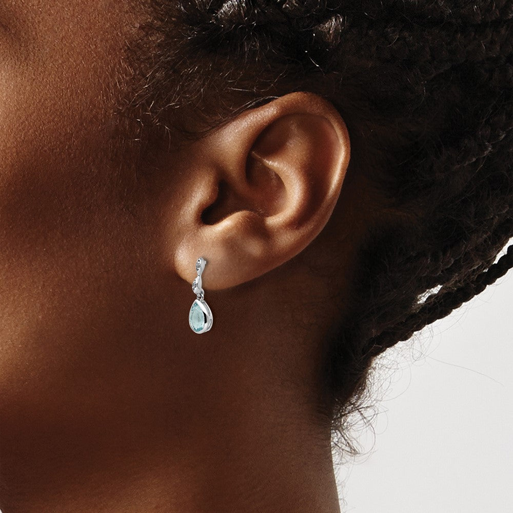 White Ice Sterling Silver Rhodium-plated Blue Topaz and Diamond Post Dangle Teardrop Earrings