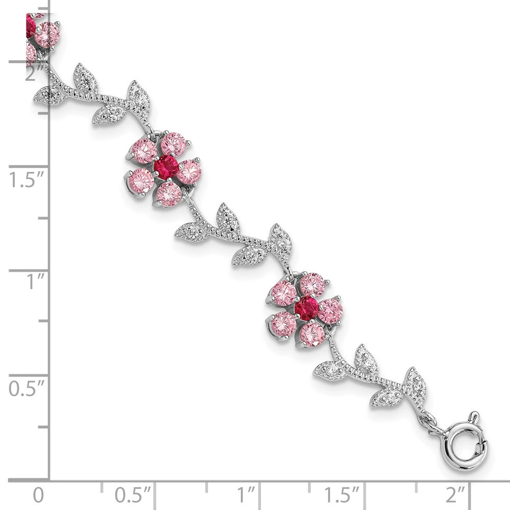 Sterling Silver Rhod-plated 7.75in Pink and Clear CZ Flower Bracelet