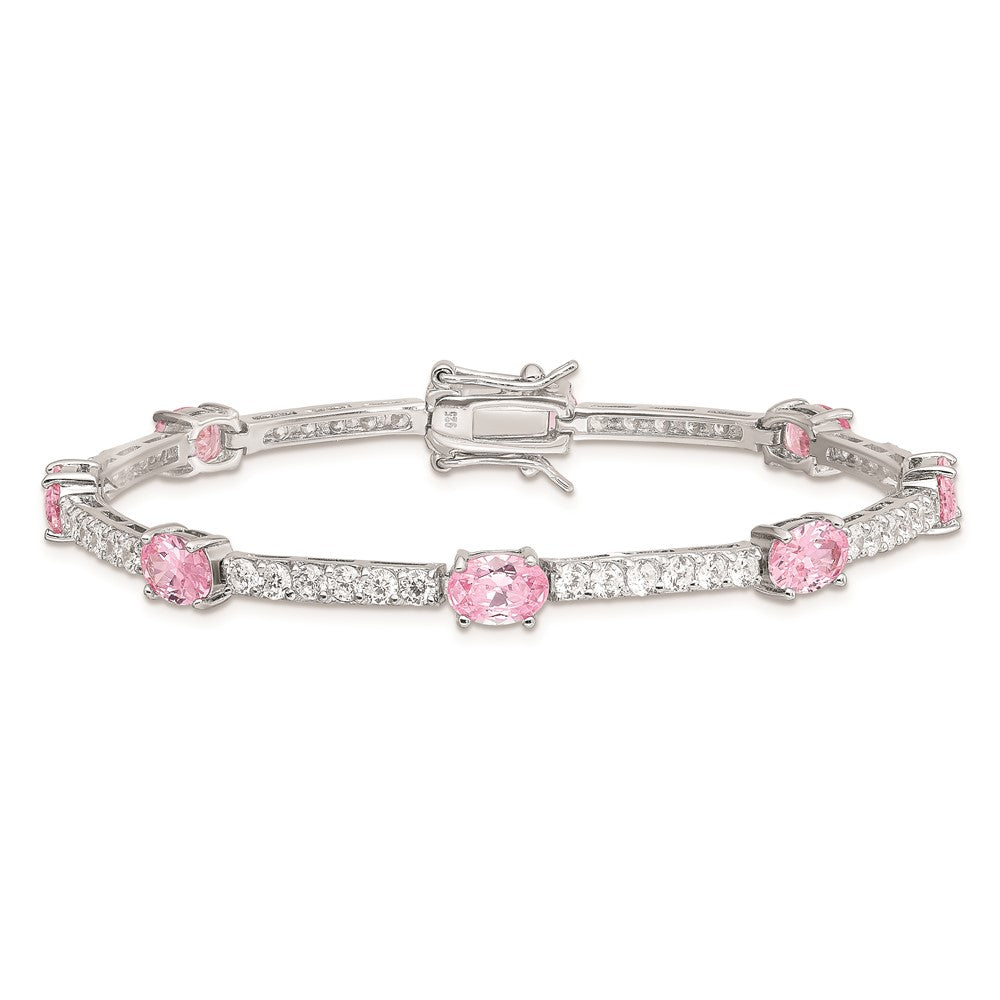 Sterling Silver Rhodium-plated 7inch Pink and Clear CZ Bracelet