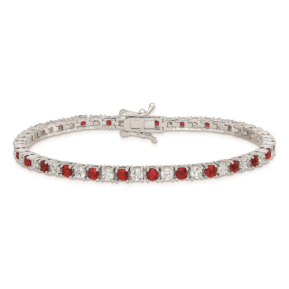 Sterling Silver Rhodium-plated Red Glass and CZ  7 inch Bracelet