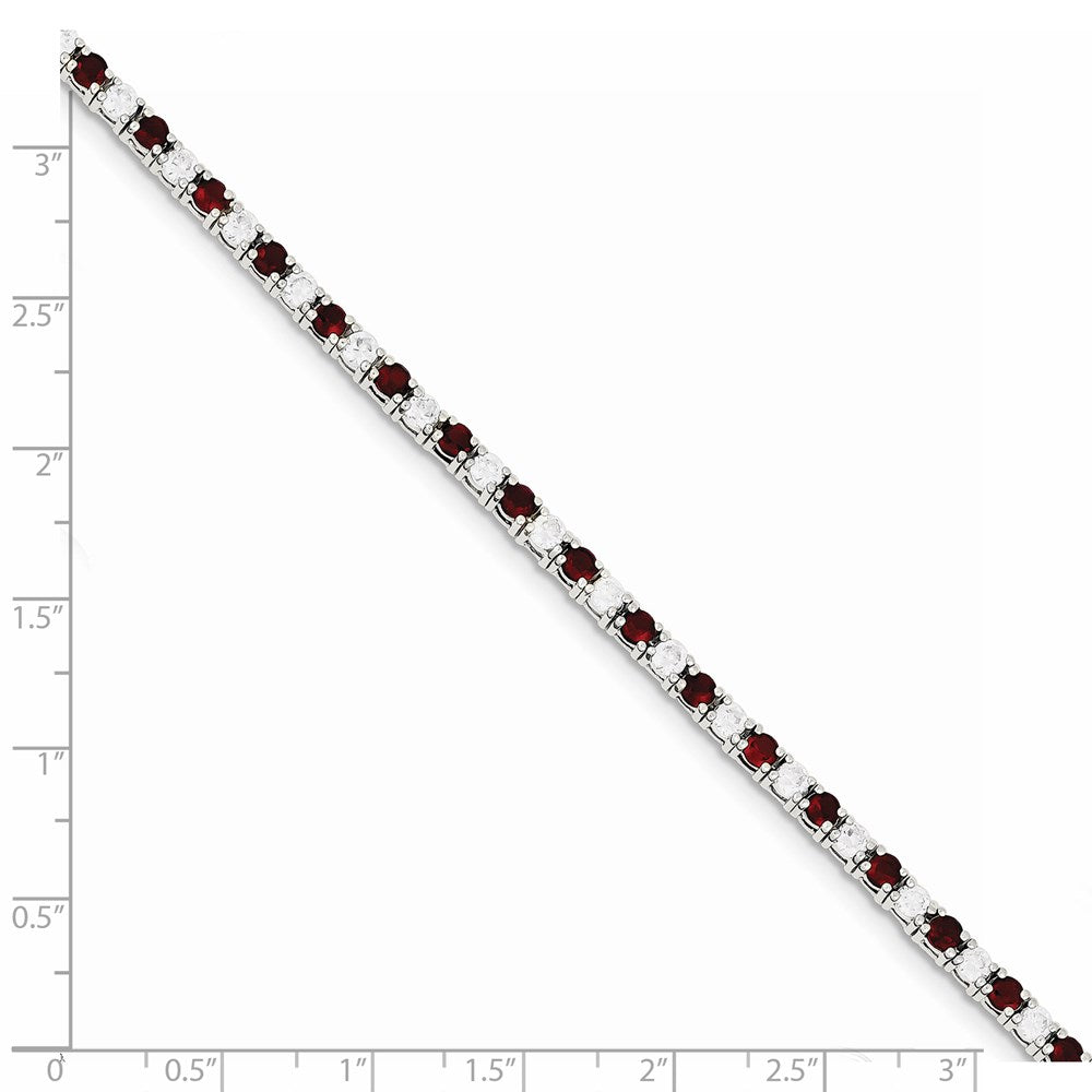 Sterling Silver Rhodium-plated Red Glass and CZ  7 inch Bracelet