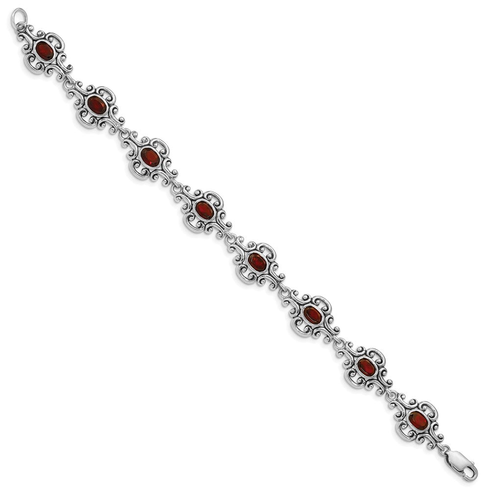 Sterling Silver Rhodium Plated Antiqued Garnet Bracelet