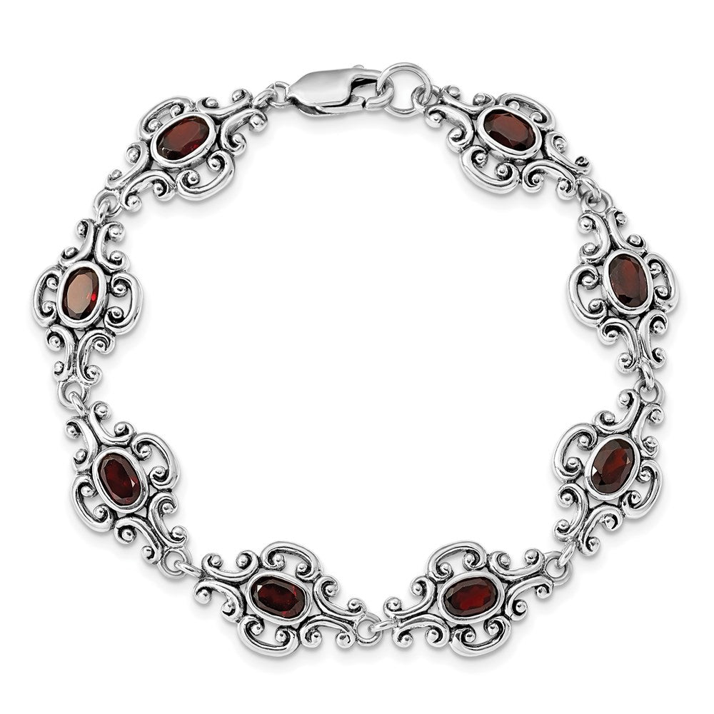 Sterling Silver Rhodium Plated Antiqued Garnet Bracelet