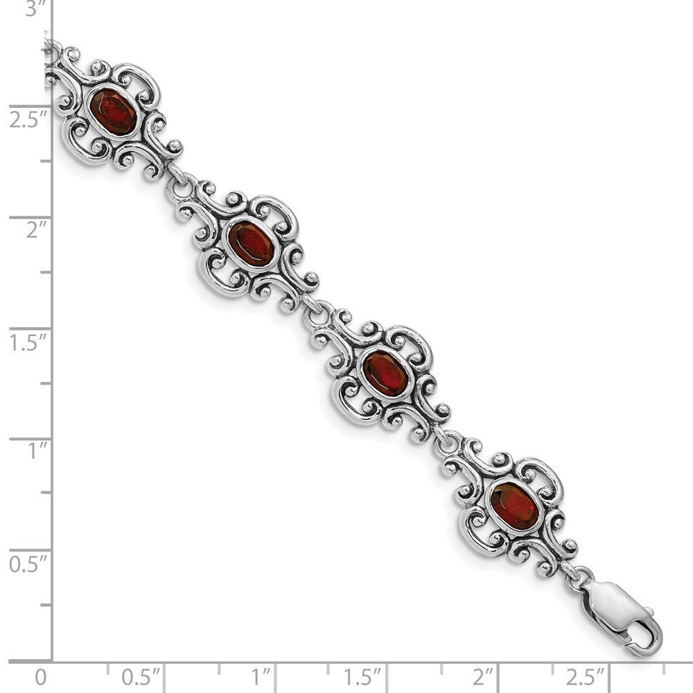 Sterling Silver Rhodium Plated Antiqued Garnet Bracelet