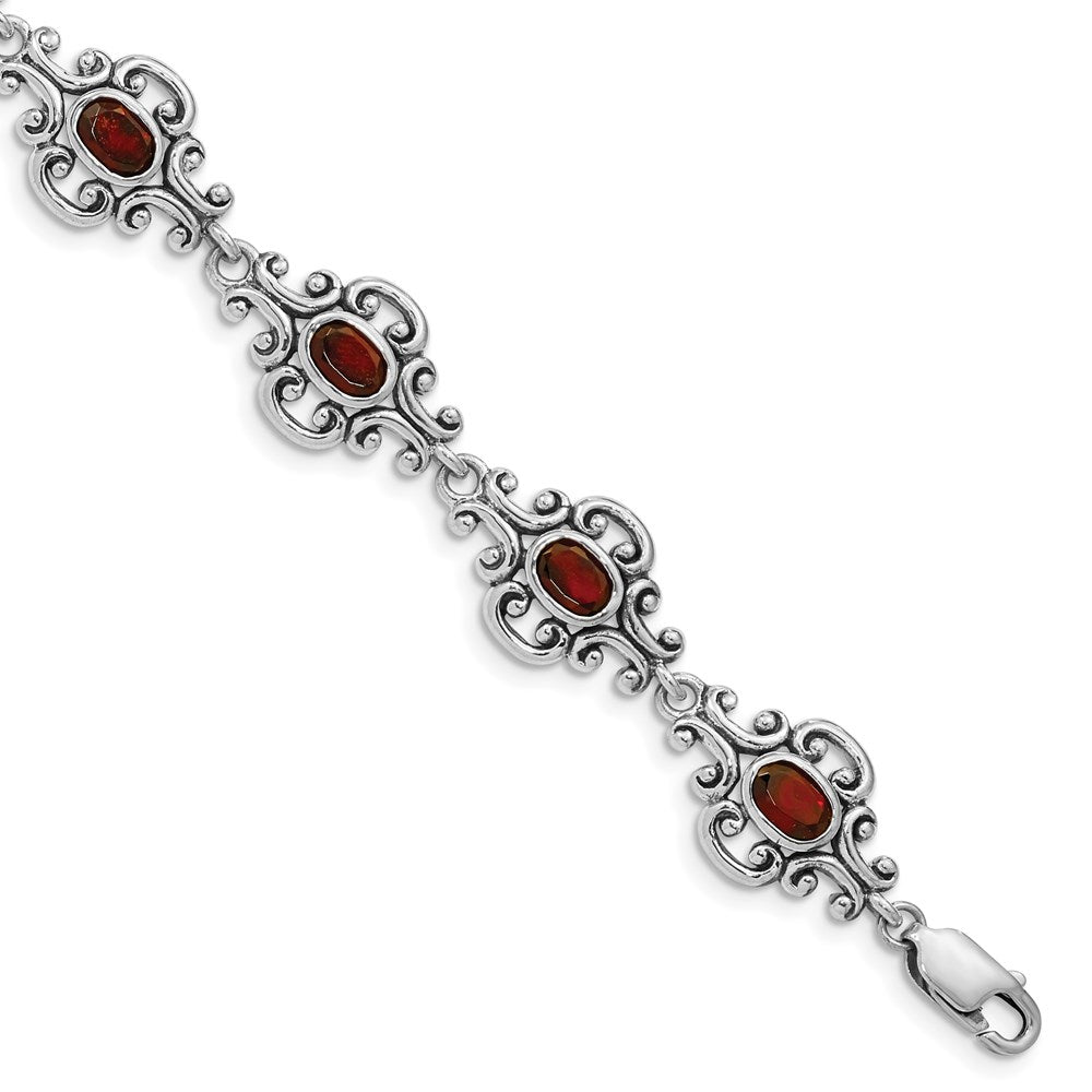 Sterling Silver Rhodium Plated Antiqued Garnet Bracelet