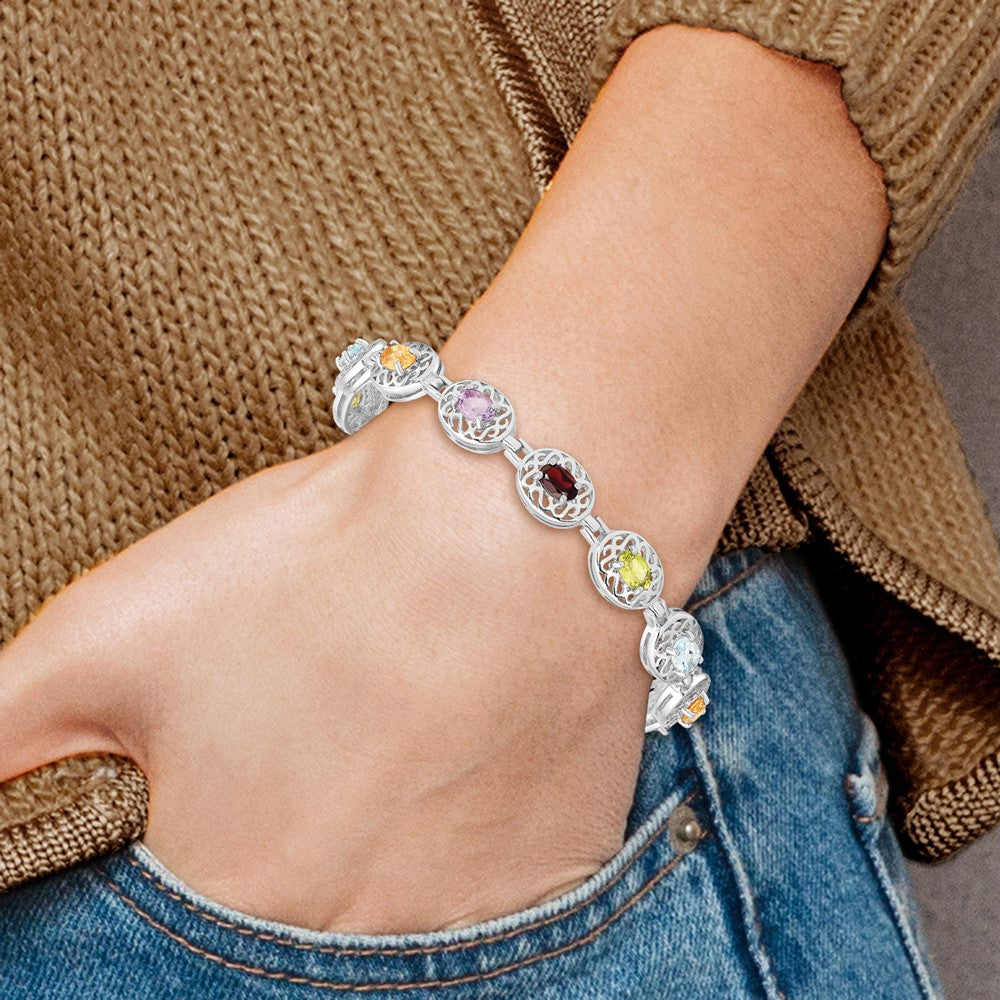 Sterling Silver Rhodium Plated Multi-gemstone 7.5inch Bracelet