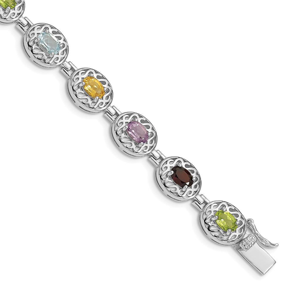 Sterling Silver Rhodium Plated Multi-gemstone 7.5inch Bracelet