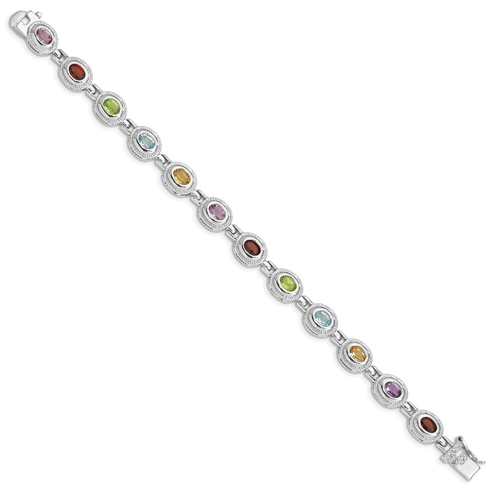 Sterling Silver Rhod-pltd 7inch Rainbow Multi-gemstone Bracelet