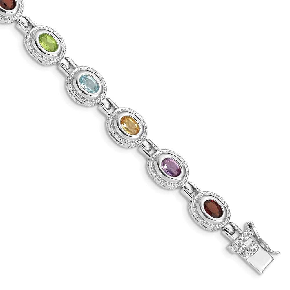 Sterling Silver Rhod-pltd 7inch Rainbow Multi-gemstone Bracelet