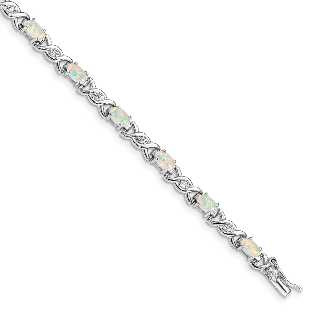 Sterling Silver 7.5inch Rhod-plated White Created Opal and CZ Bracelet