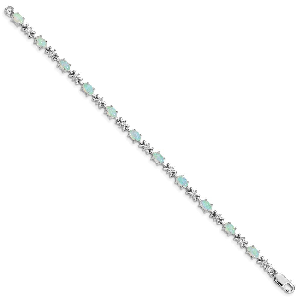 Sterling Silver Rhodium Plated 7inch CZ/Created Opal XO Bracelet