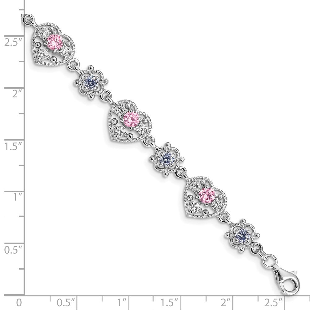 Sterling Silver Rhod-plated 7inch Pink and Clear CZ Heart Bracelet