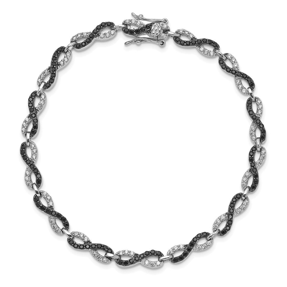 Sterling Silver Rhod-plated 7.5in Black/White CZ Infinity Bracelet