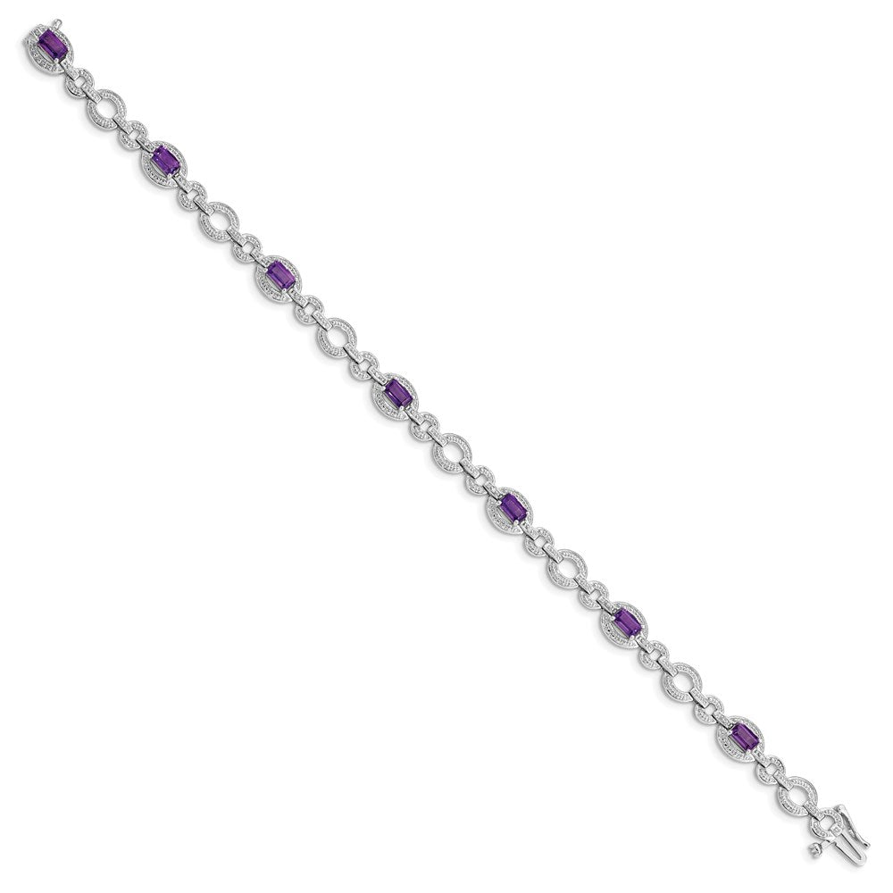 Sterling Silver Rhodium-plated Diamond & Amethyst Oval Link Bracelet