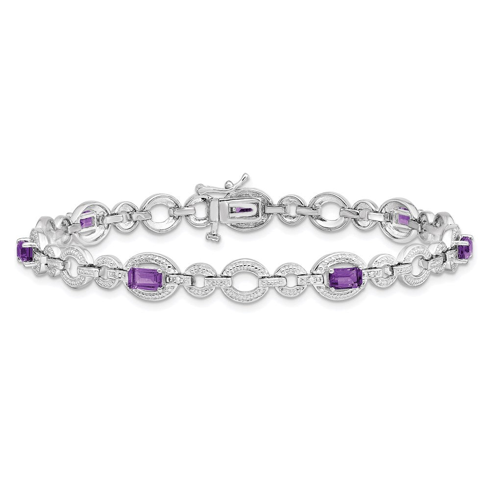 Sterling Silver Rhodium-plated Diamond & Amethyst Oval Link Bracelet