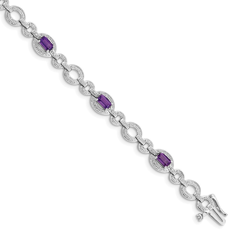 Sterling Silver Rhodium-plated Diamond & Amethyst Oval Link Bracelet