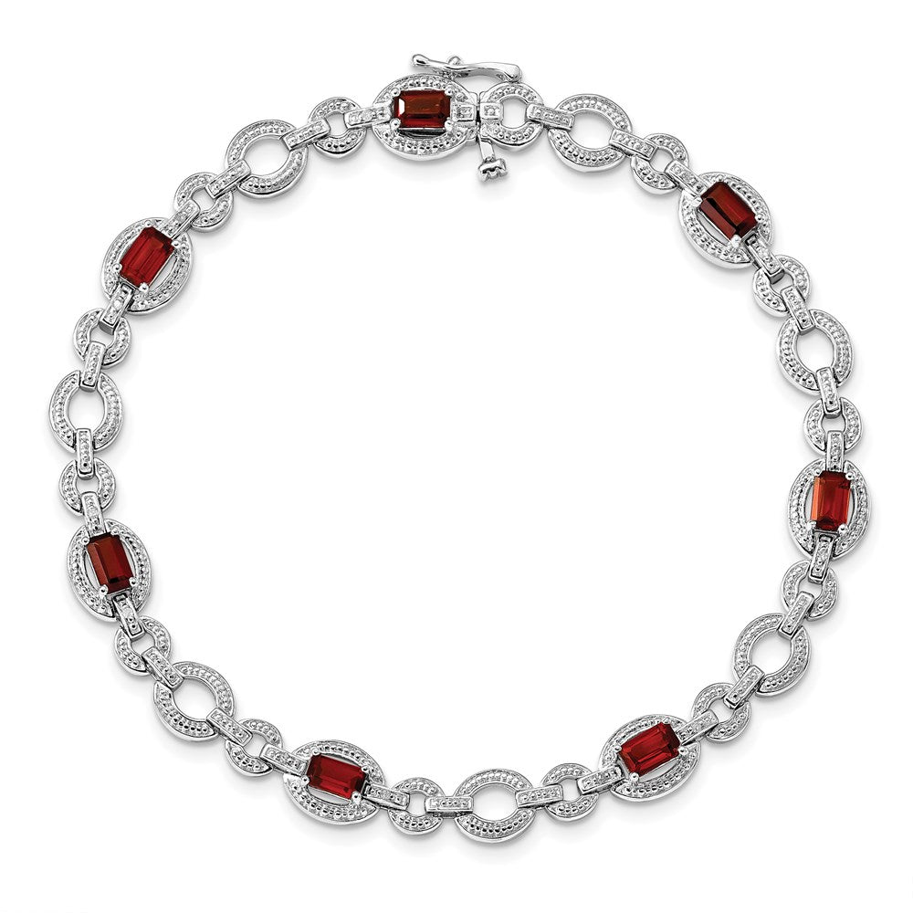 Sterling Silver Rhodium-plated Diamond & Garnet Oval Link Bracelet