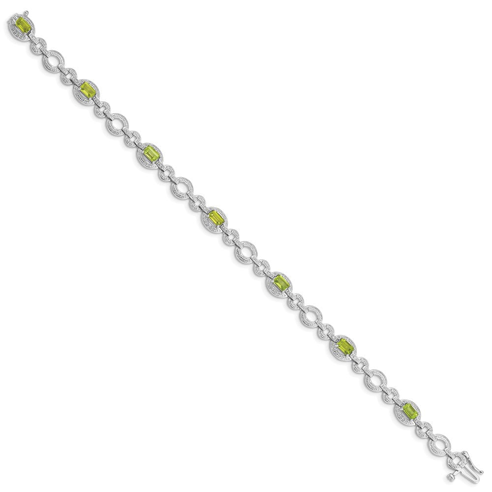 Sterling Silver Rhodium-plated Diamond & Peridot Oval Link Bracelet