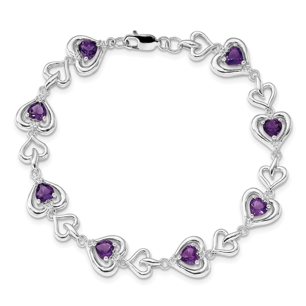 Sterling Silver Rhodium-plated Diamond & Heart Link Amethyst Bracelet