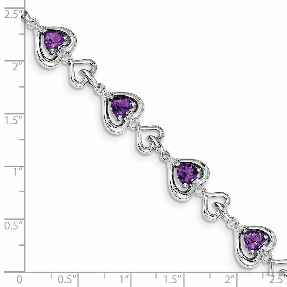 Sterling Silver Rhodium-plated Diamond & Heart Link Amethyst Bracelet