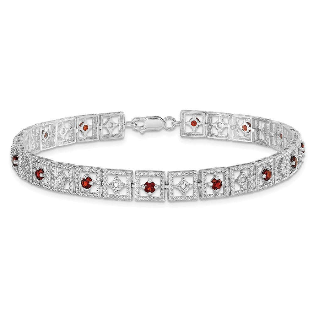 Sterling Silver Rhodium-plated Garnet Diamond Bracelet