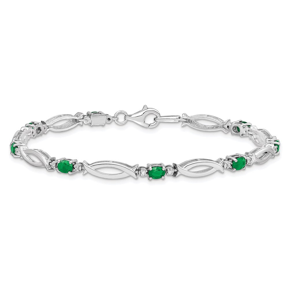 Sterling Silver Rhodium-plated Emerald and Diamond Bracelet