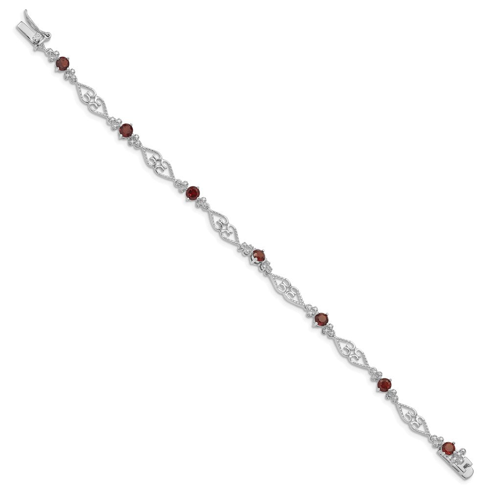 Sterling Silver Rhodium-plated Diamond Garnet Bracelet