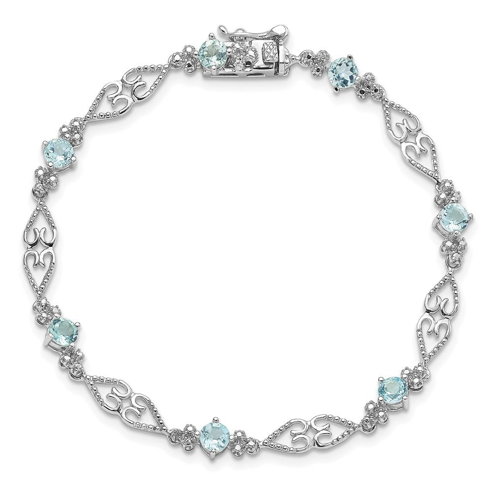 Sterling Silver Rhodium-plated Diamond Aquamarine Bracelet