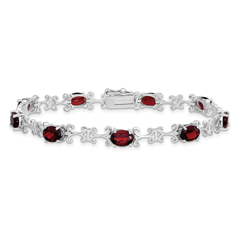 Sterling Silver Rhodium-plated Garnet Oval Bracelet