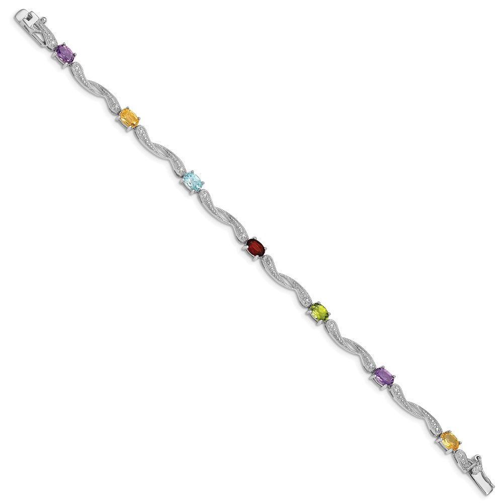 Sterling Silver Rhodium-plated Diamond Multi-Colored Gemstone Bracelet