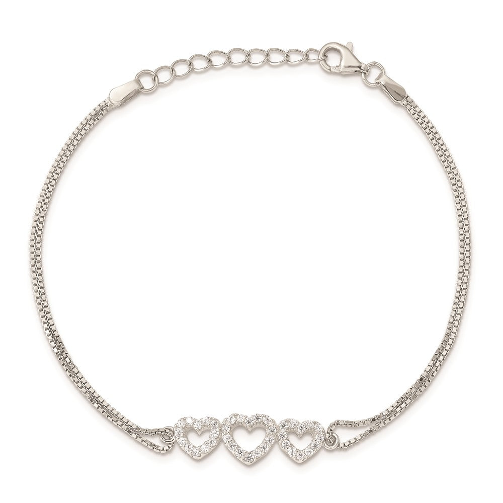 Sterling Silver Rhodium-plated Polished Three Linked CZ Open Hearts 7 inch Bracelet with 1 inch extension