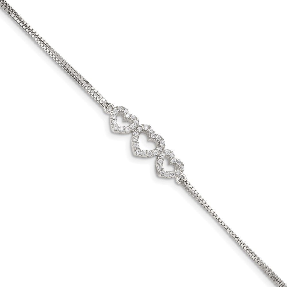 Sterling Silver Rhodium-plated Polished Three Linked CZ Open Hearts 7 inch Bracelet with 1 inch extension