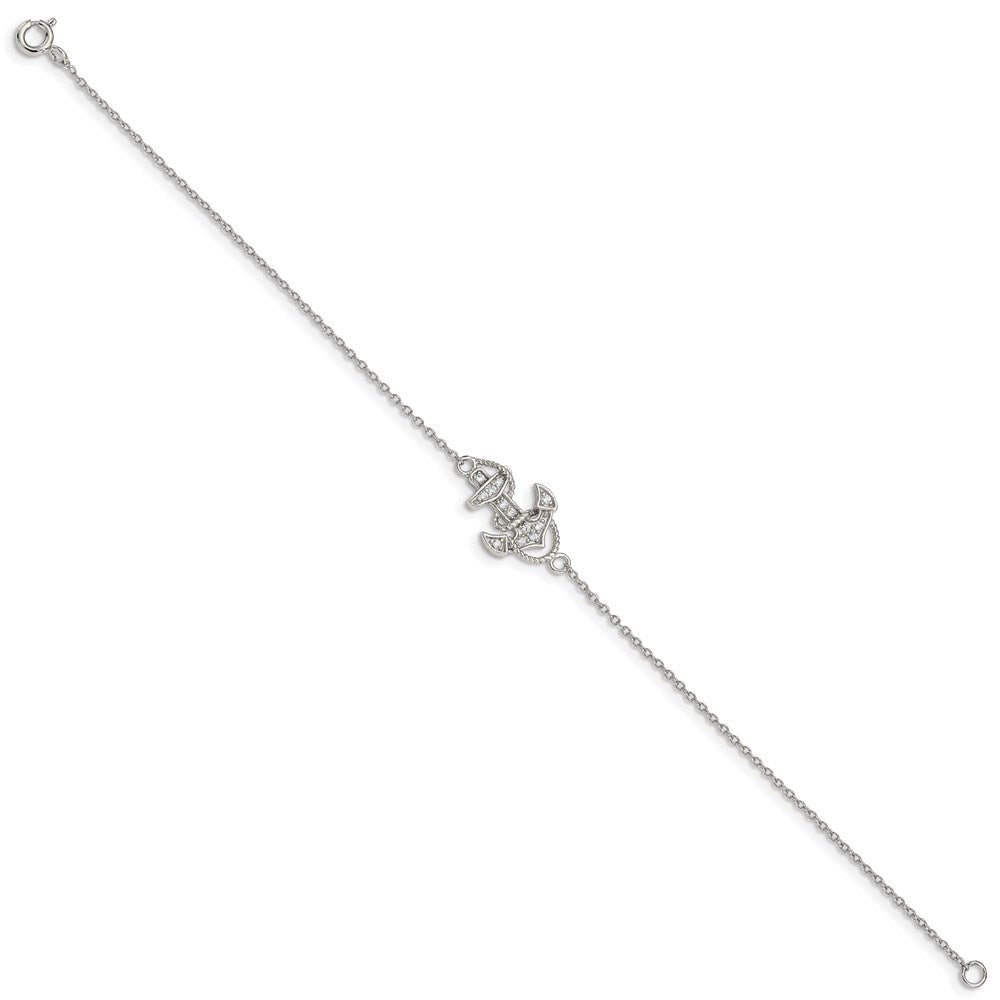 Sterling Silver Rhodium-plated Polished CZ Anchor 7 Inch Bracelet