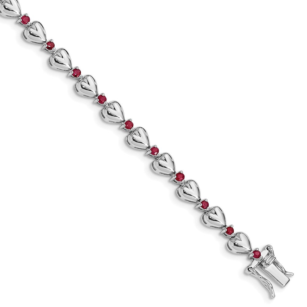 Sterling Silver Rhodium-plated & Ruby Heart Bracelet