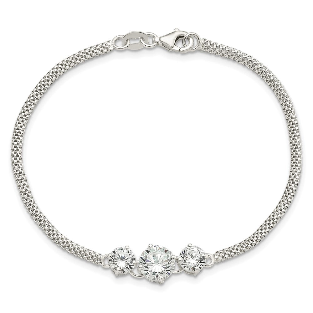 Sterling Silver CZ 7.5in 3-stone Bracelet