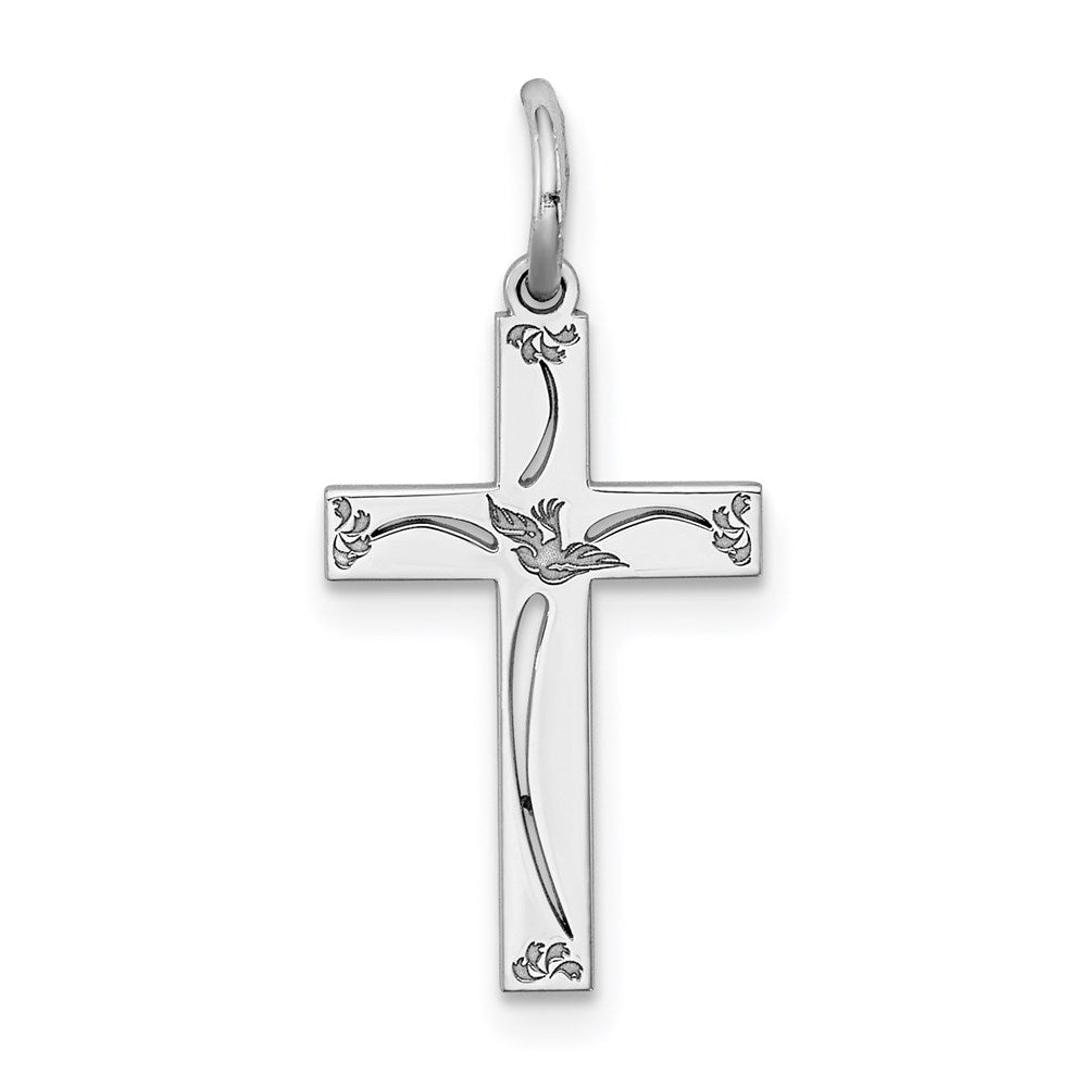 Sterling Silver Rhodium-plated Laser Designed Cross Charm