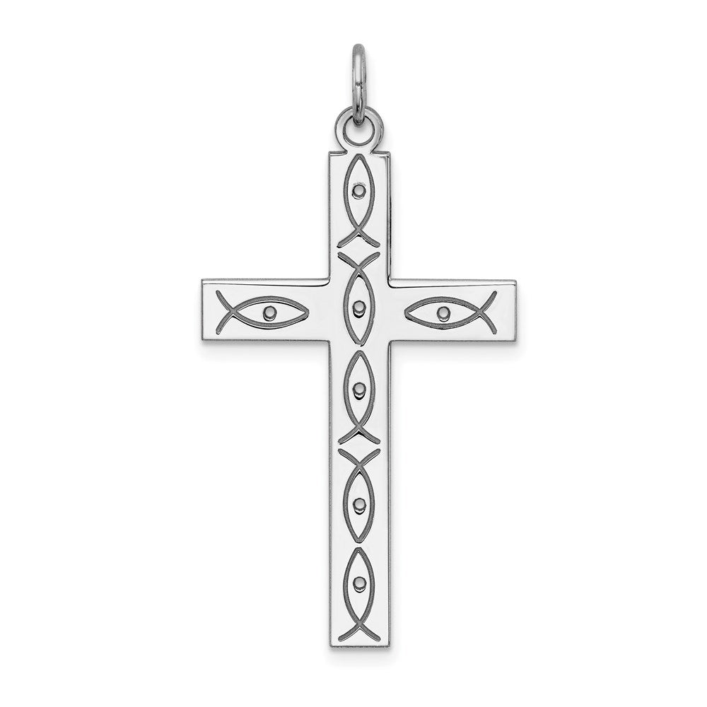 Sterling Silver Rhodium-plated Laser Designed Cross Pendant